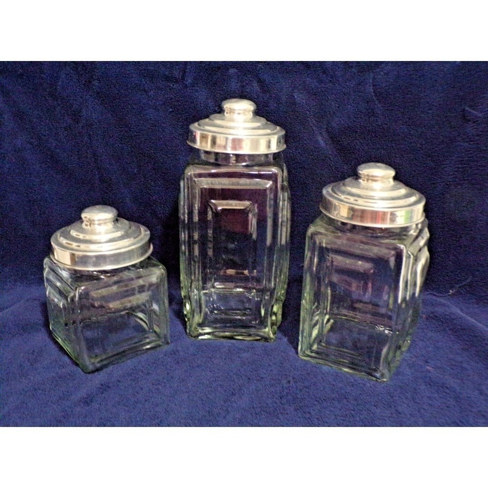 Retro Square Clear Glass Airtight Canister Set w/Aluminum Silver Lids Set of 3